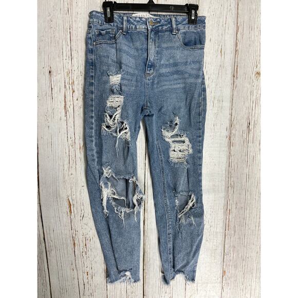 Tinseltown Jeans Junior Size 9 Blue Denim High Rise Cotton Ripped Distressed - Picture 1 of 7